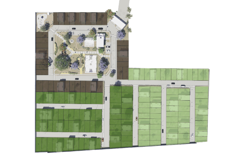 Master plan de VERA Residencial mostrando la distribución de lotes en zonas A, B y C con amenidades centrales
